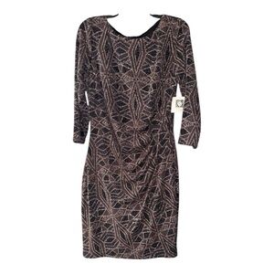 Anne Klein Black and Silver Patterned Long Sleeve Dress